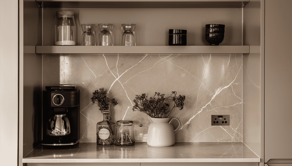 Sleek kitchen shelf with marble backsplash and modern decor, showcasing Olivehue Interiors' stylish interior design.