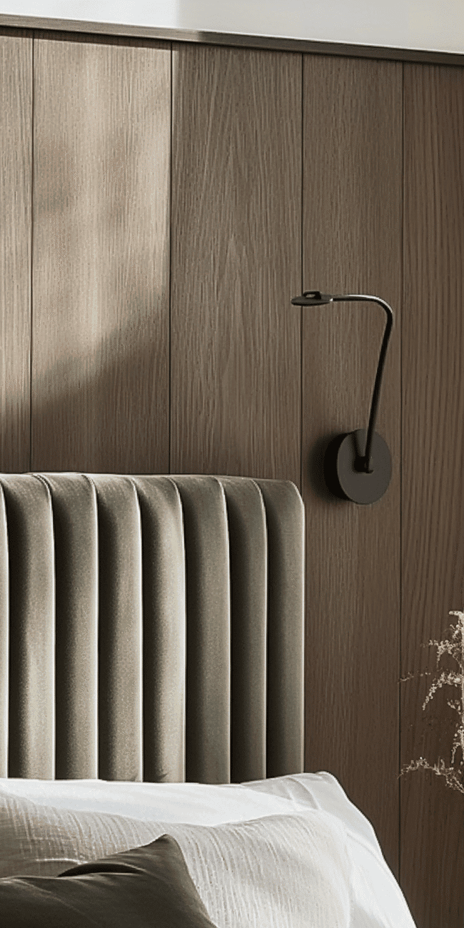 Cozy modern bedroom interior with upholstered headboard and wall-mounted reading light.