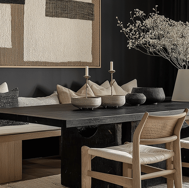 Modern dining room interior with black and beige accents, stylish decor, and natural lighting.
