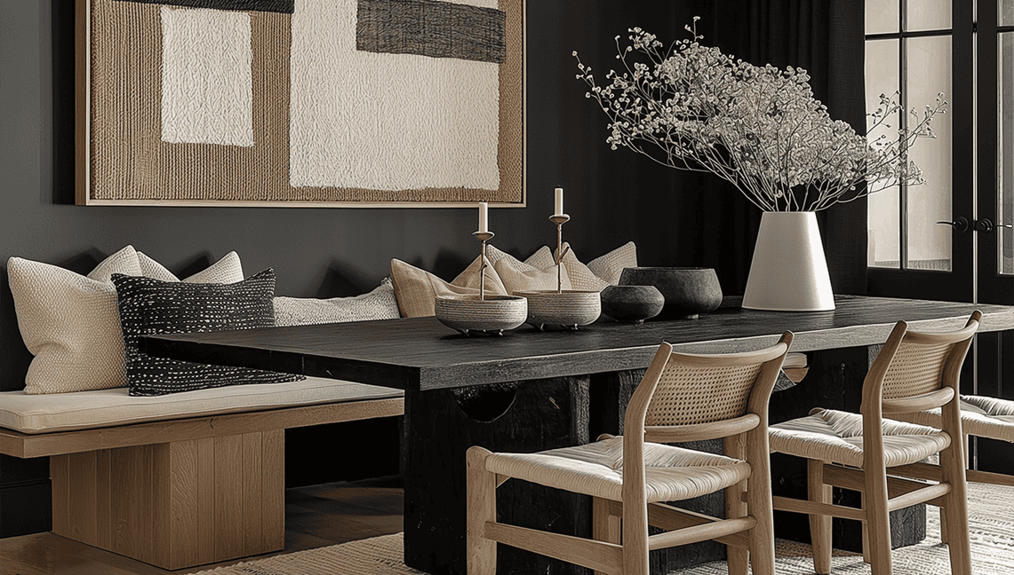 Modern dining room interior with black and beige accents, stylish decor, and natural lighting.