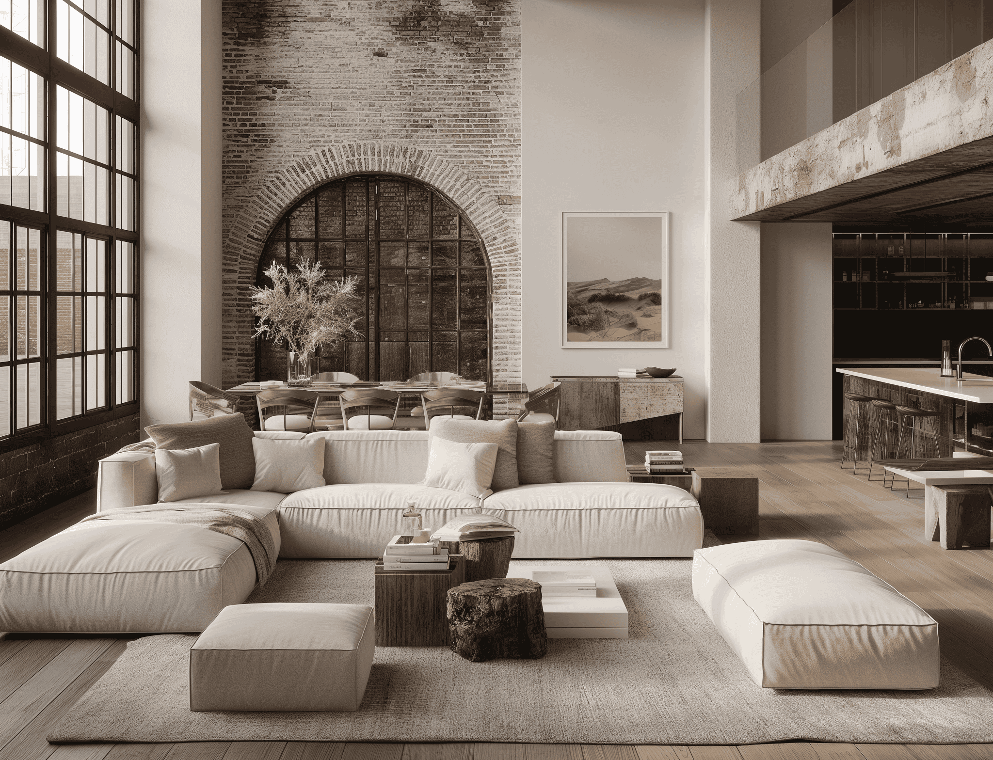 Modern industrial living room featuring exposed brick walls, large windows, and minimalist furniture.