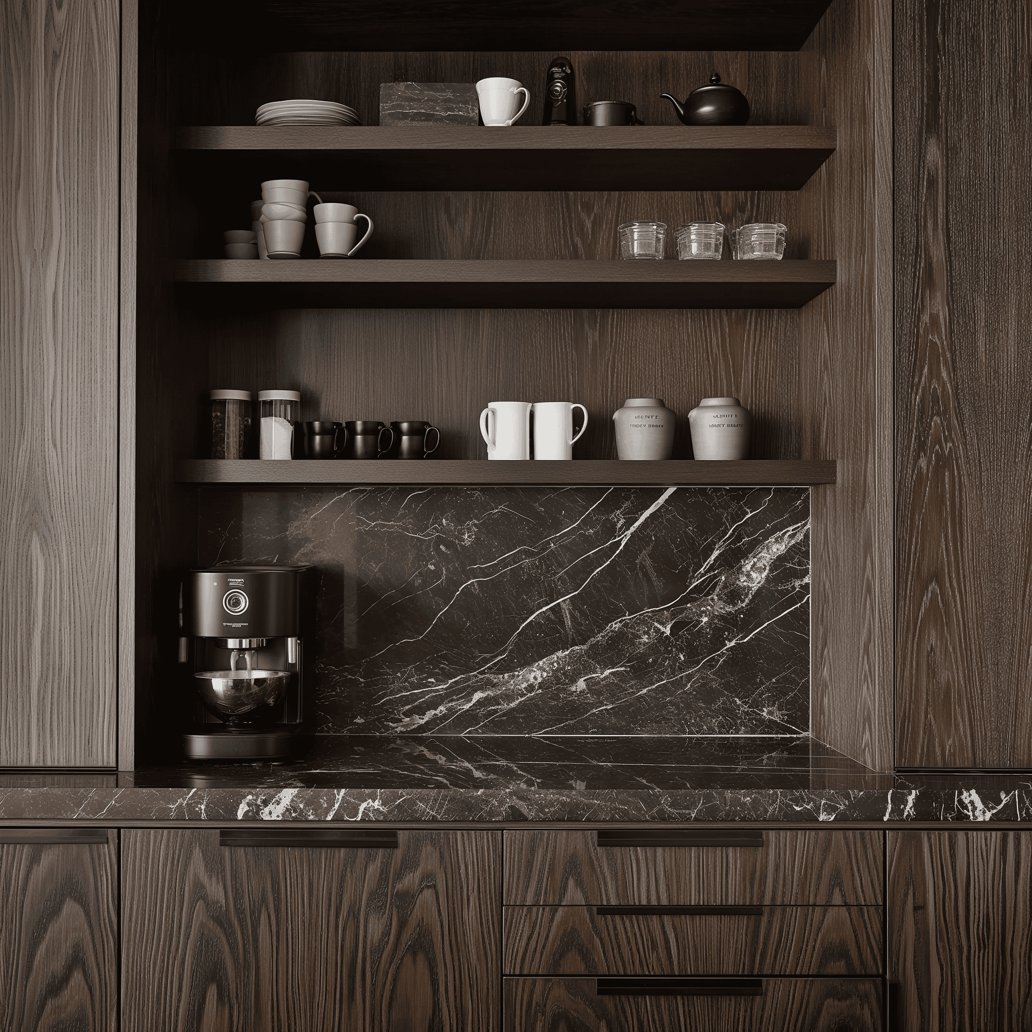 Elegant dark wood kitchen cabinet with open shelves and black marble countertop, featuring coffee maker and dishware.