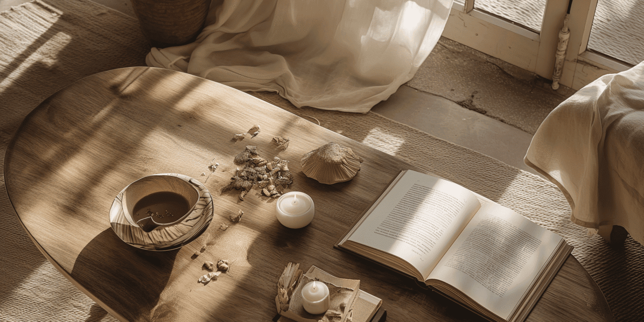 Cozy living room with natural sunlight, wooden table, candles, book, and dried flowers for warm interior design.