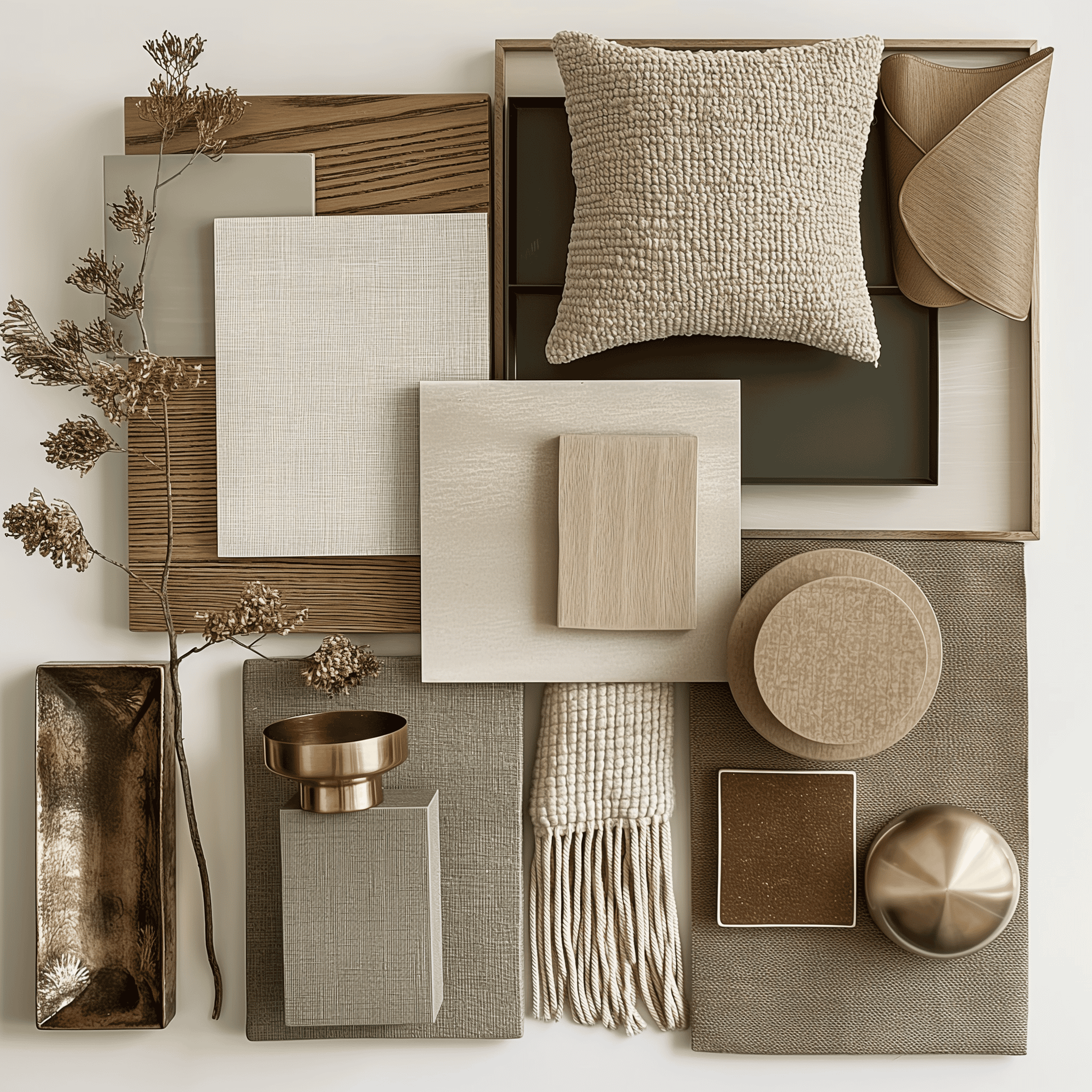 Muted neutral color palette with textured textiles, wood, and metallic accents for elegant interior design.