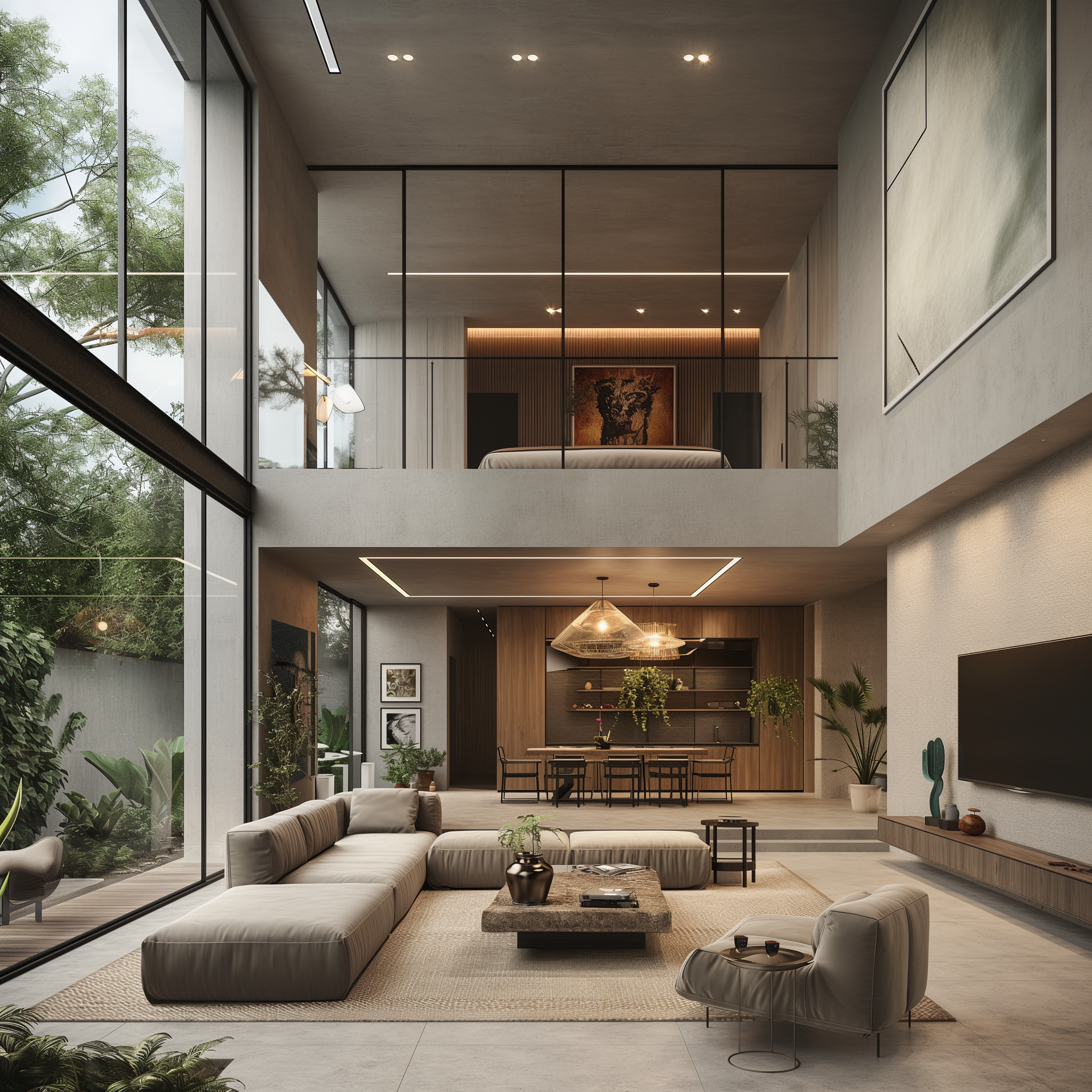 Elegant modern living room with neutral tones and large glass windows at Olivehue Interiors.