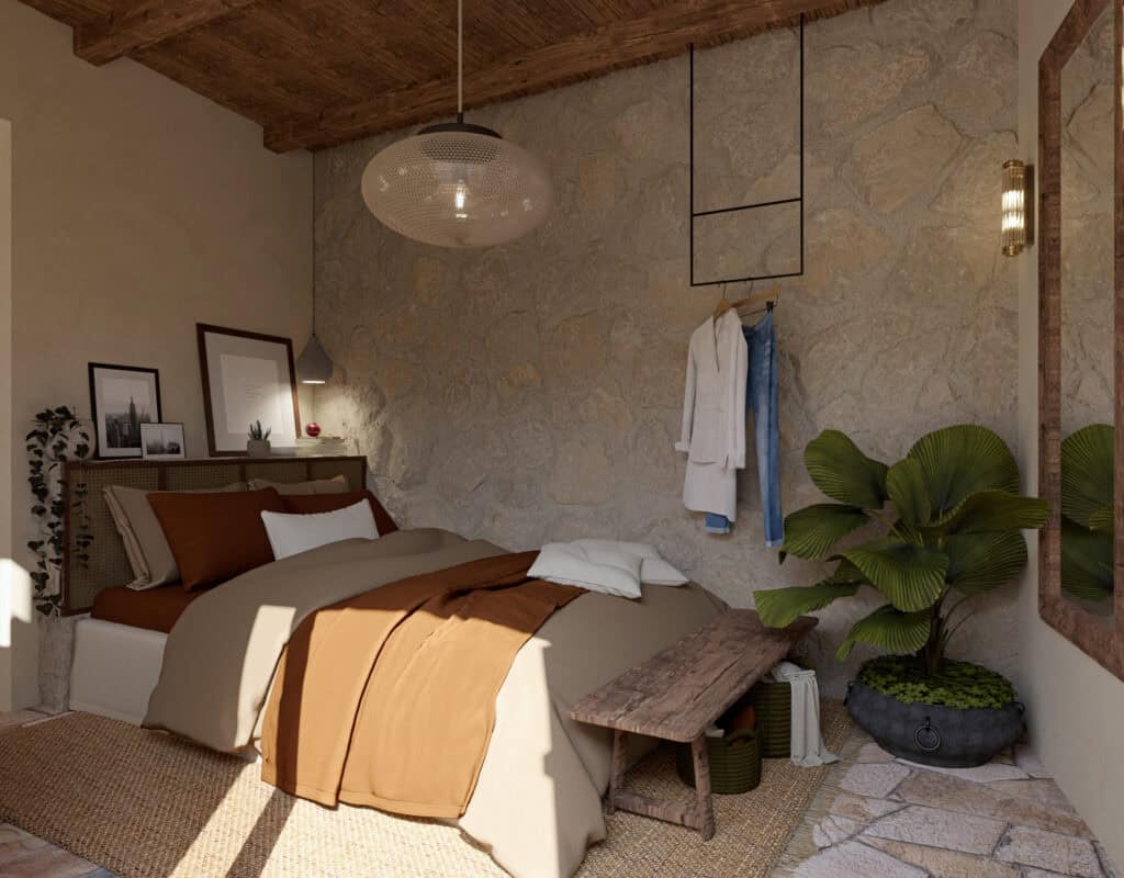 Cozy bedroom interior with neutral tones, textured stone walls, and modern decor elements from Olivehue Interiors.