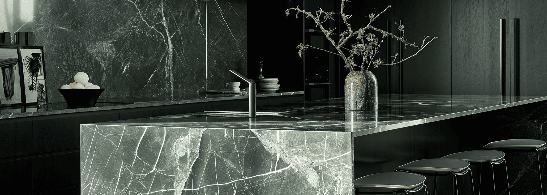 Luxurious black marble kitchen island with modern decor by Olivehue Interiors.