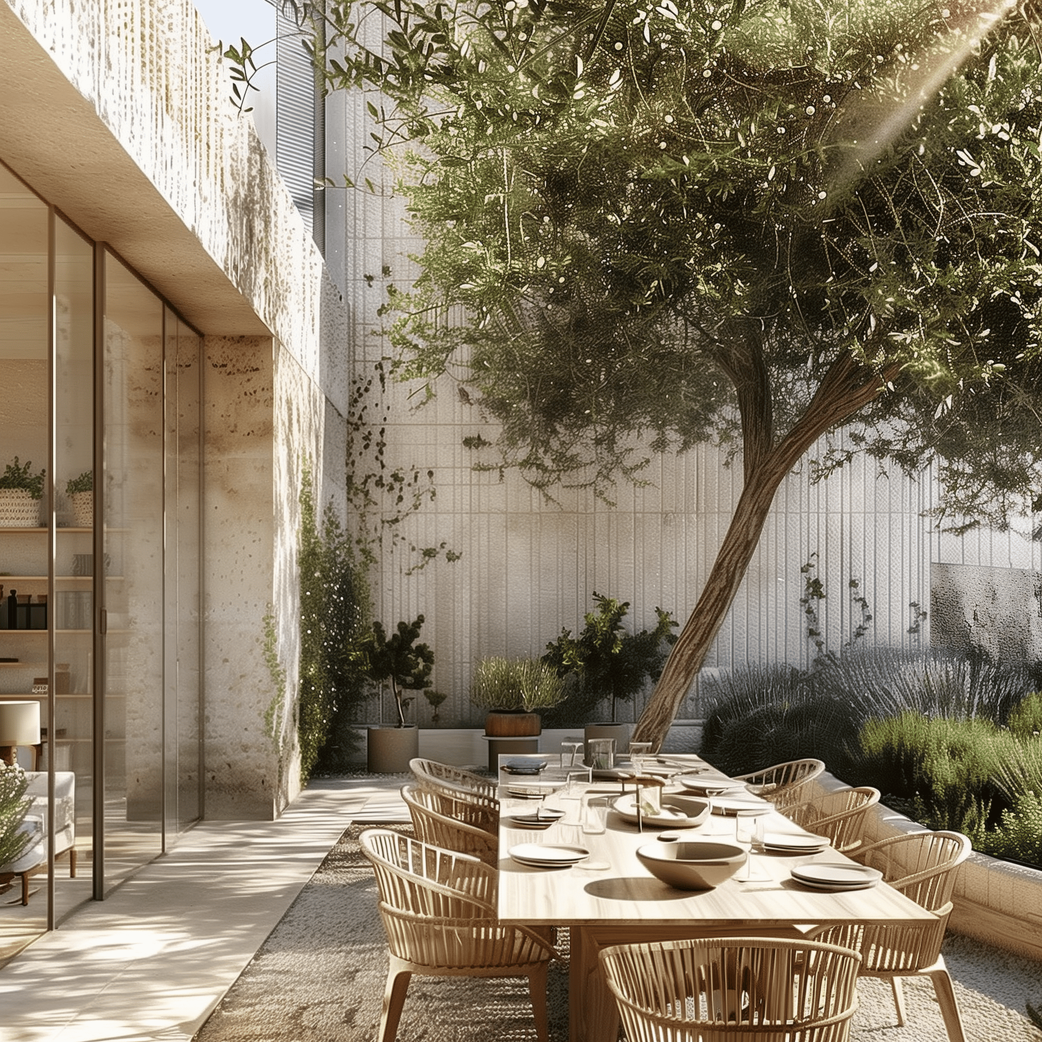 Modern outdoor dining area with natural wooden table and chairs, surrounding lush greenery, perfect for sophisticated home interiors.